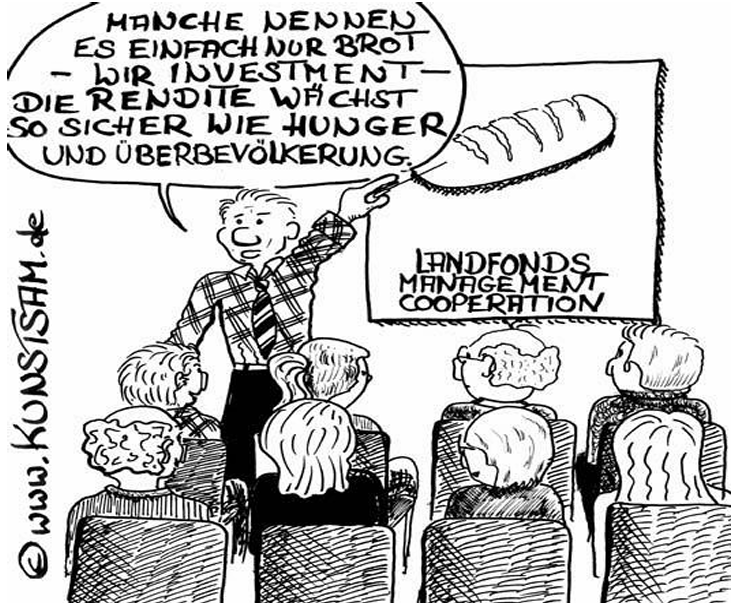 Karikatur zur Landfonds-Verwaltung und Brot als Investition im Konferenzraum.